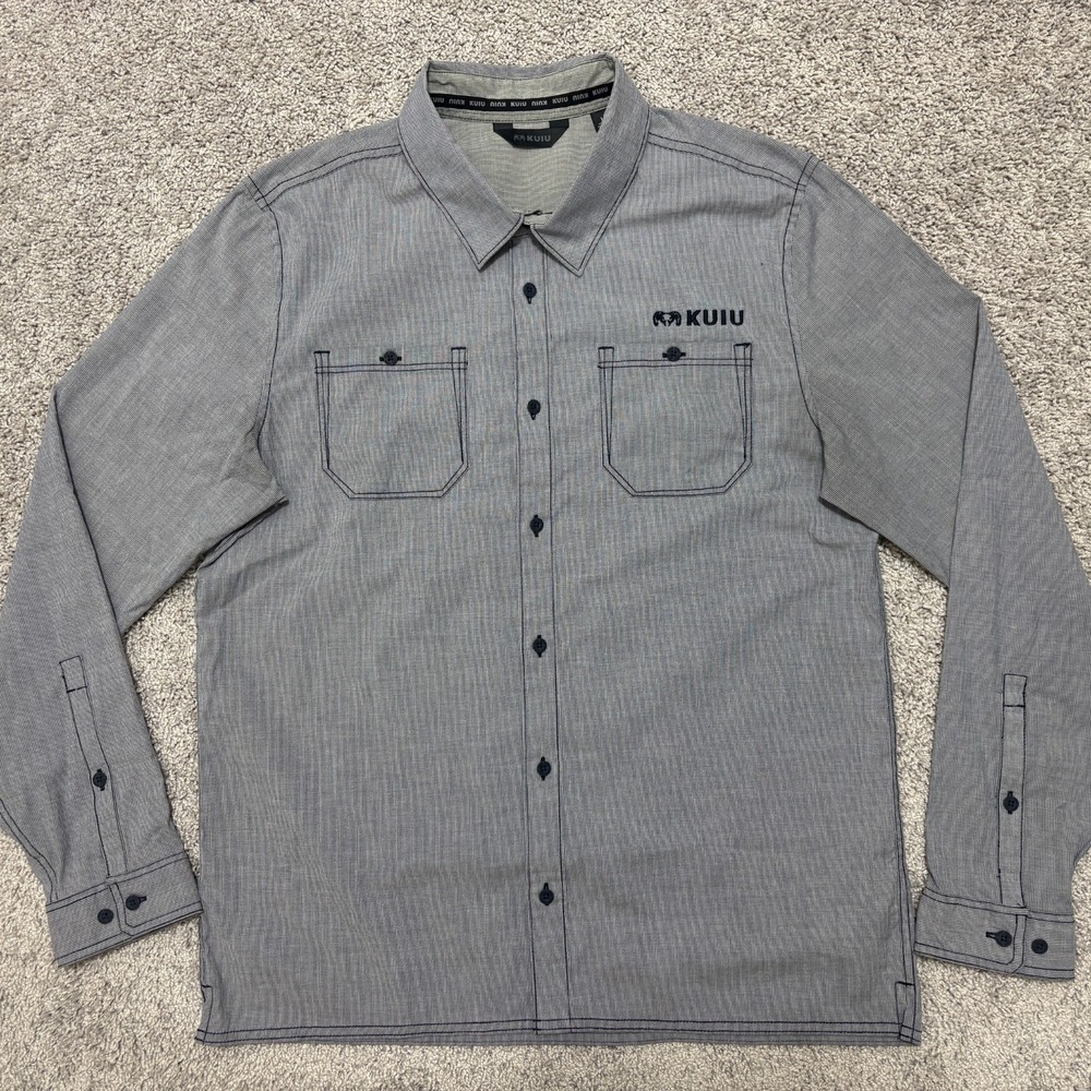 KUIU BASIN Shirt Long Sleeve Button Up Gray Pockets Tiny Stripe Mens Large - Picture 2 of 16